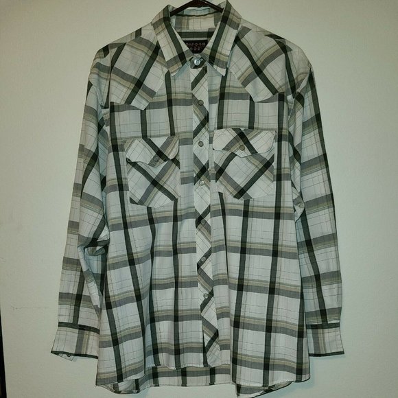 VTG Uniform Code Men's Size L/XL Pearl Snap Western Shirt Gray Khaki Plaid - Picture 1 of 8